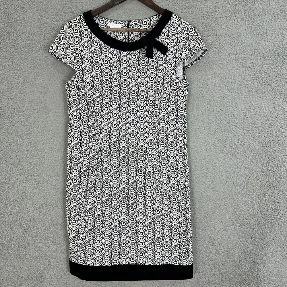 London‎ Times Sheath Dress Womens 10 Black Geometric Bow Boho Twee Retro Preppy